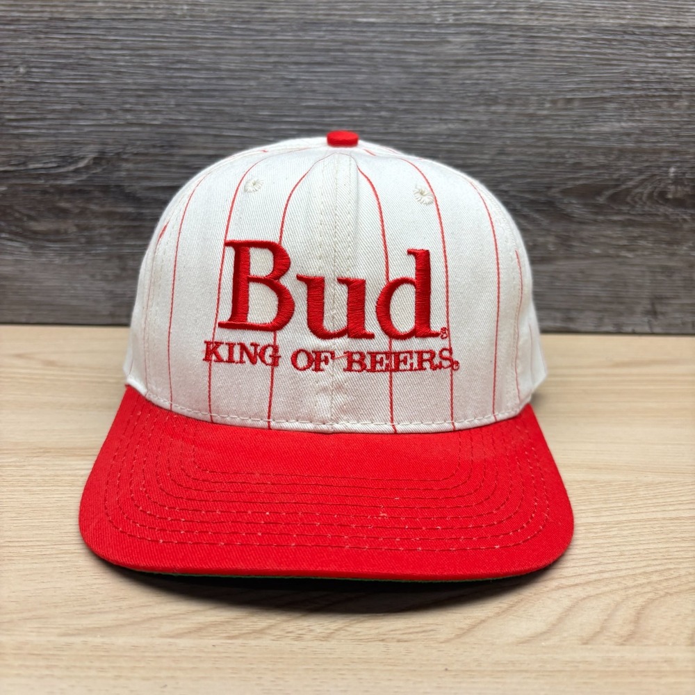 Vintage Bud King Of Beers Hat Cap Snap Back White Red Pinstripe Made In USA Beer